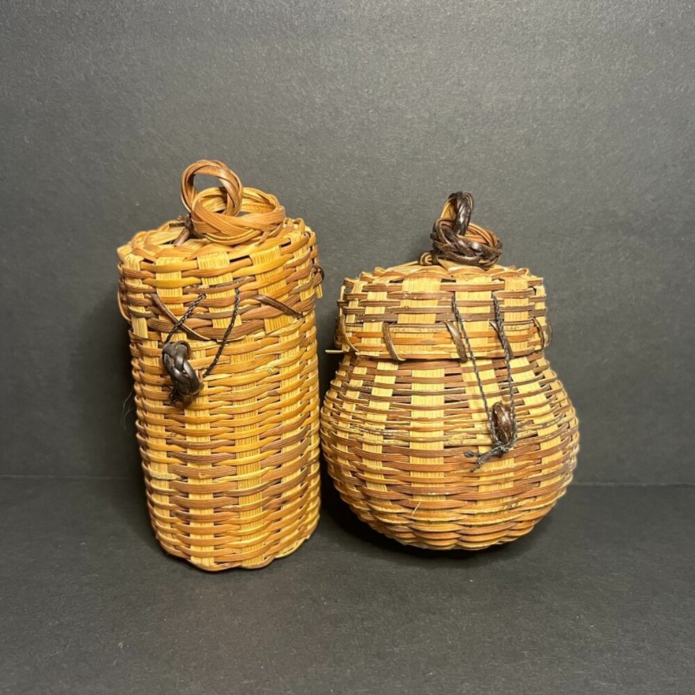 Set of 2 Handmade Miniature Wicker Woven Spice Baskets w/ Lids & Latches